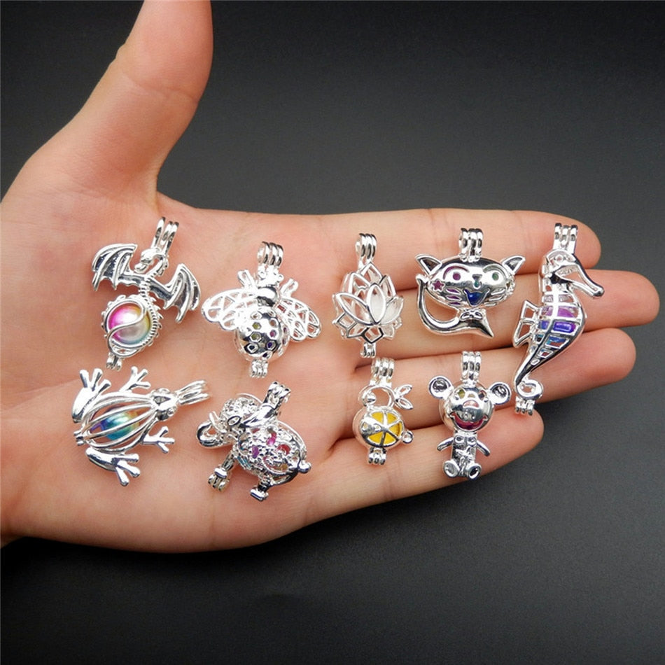 9pcs Silver Plated mixture Cage Jewelry Making Supplies Copper Beads Cage Pendant Essential Oil Diffuser Trendy Locket Gift